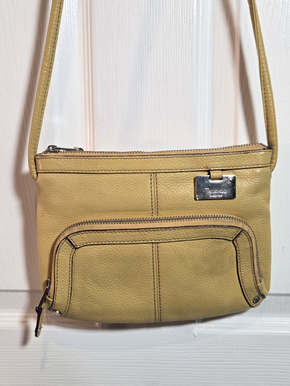 Tignanello Mustard Yellow Leather Crossbody with Front Zip Pocket